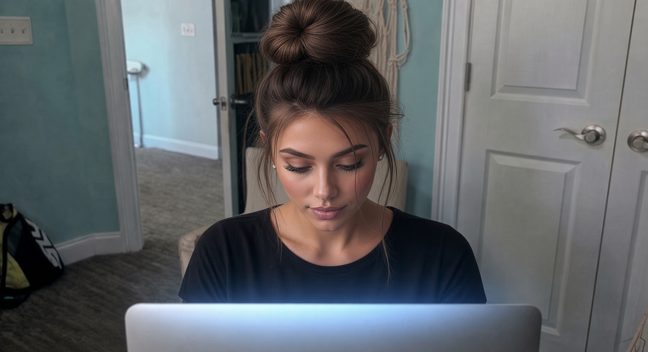 Friday Zoey at the laptop, hair up, heads down